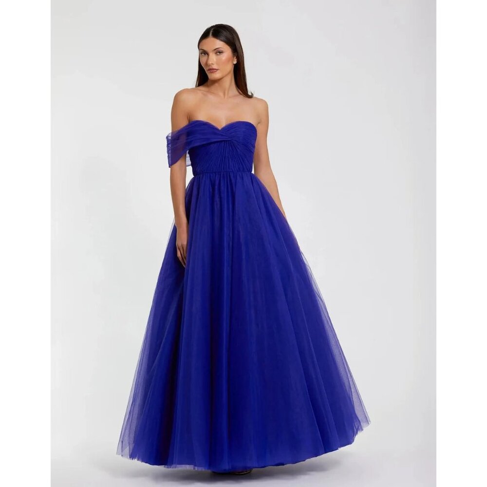 Mac Duggal One-Shoulder Royal Blue Gown Size 14 Tulle & Satin Layers Formal Even